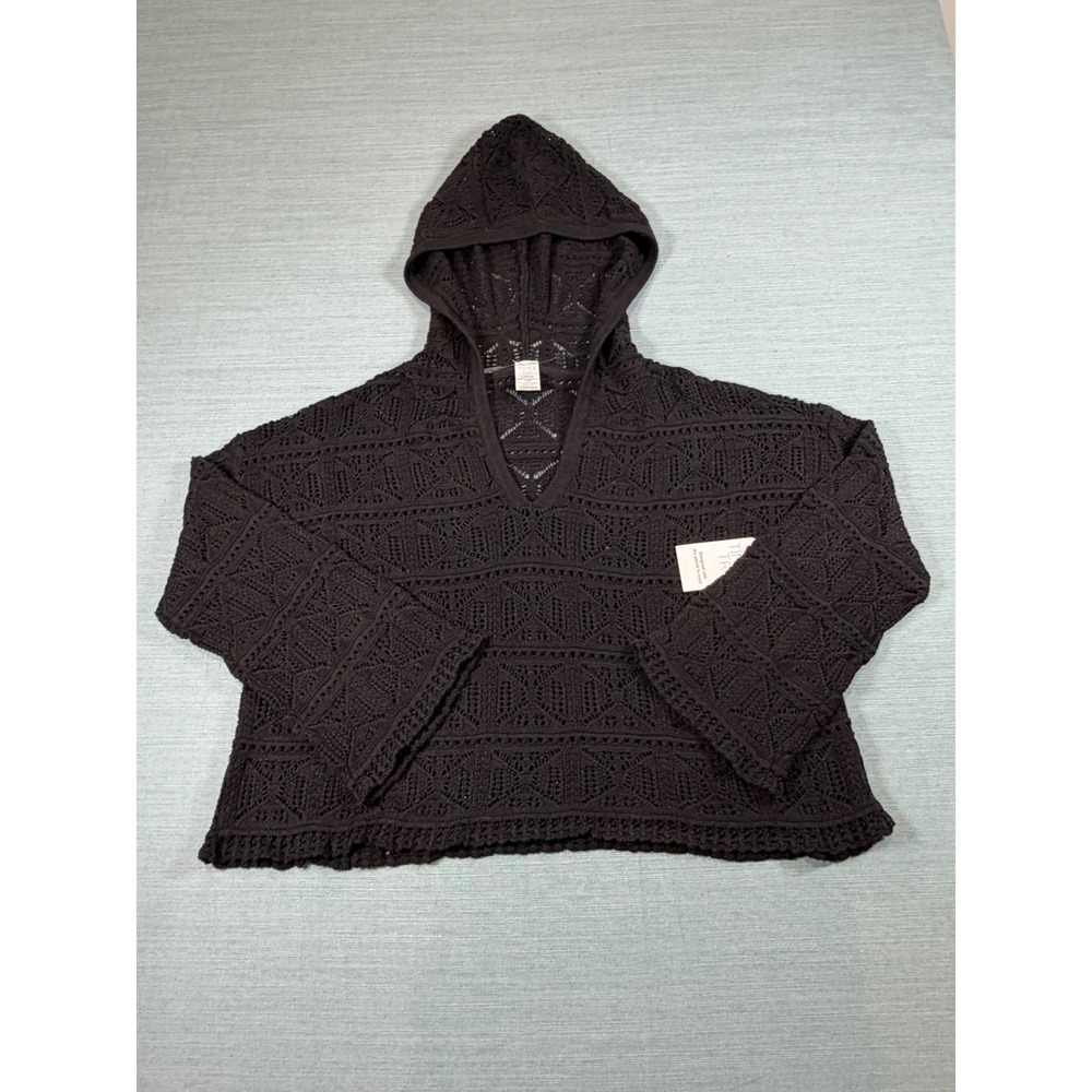 Time and Tru Womens Black Crochet Knit Hoodie Coverup Large 12-14 New With Tags
